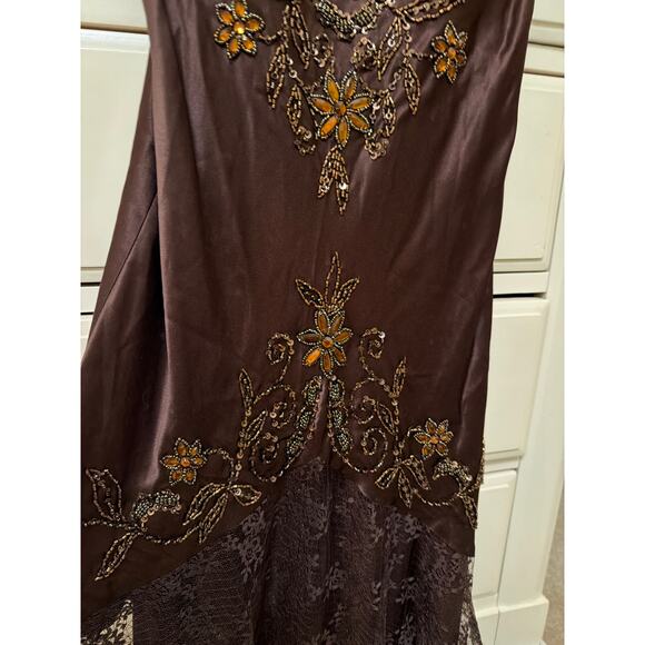 Cache Y2K Vintage 100% Silk Brown Lace Beaded Victorian Flapper Style Dress 4 - Picture 5 of 10